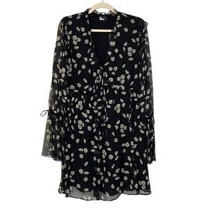 The Kooples Printed Silk Bell Sleeve Short Dress Black White Daisy Floral FR 1